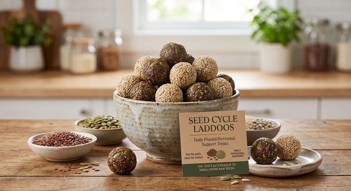 Seed cycle laddoos in a bowl with flax, pumpkin and sunflower seeds